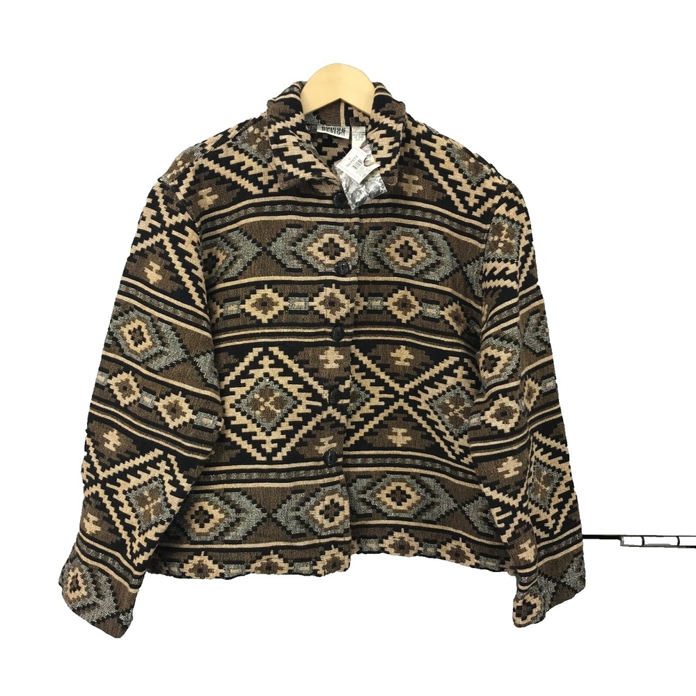 Chicos Design Southwestern Tapestry‎ Jacket Brown Black Aztec Cotton Size 2 L